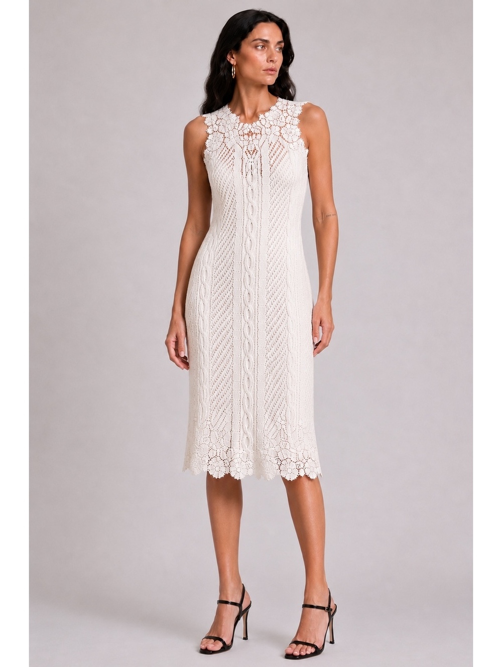 Ermanno Scervino Knit Tulle Lace Pencil Midi Dress Ivory IT 44 US 8 | NWT